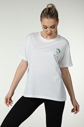 defy's KADIN ÖN VE SIRT BASKILI KISA KOLLU BİSİKLET YAKA OVERSIZE TİŞÖRT BEYAZ - L