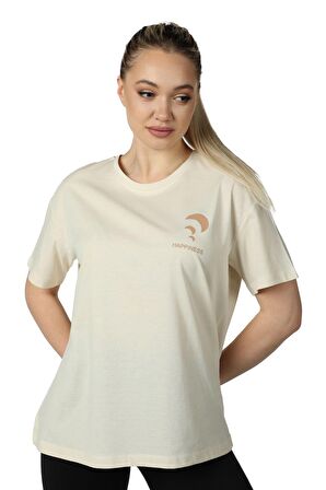 defy's KADIN ÖN VE SIRT BASKILI KISA KOLLU BİSİKLET YAKA OVERSIZE TİŞÖRT BEJ - S