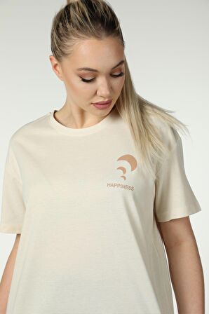 defy's KADIN ÖN VE SIRT BASKILI KISA KOLLU BİSİKLET YAKA OVERSIZE TİŞÖRT BEJ - S