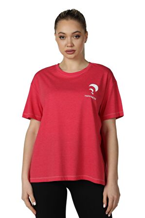 defy's KADIN ÖN VE SIRT BASKILI KISA KOLLU BİSİKLET YAKA OVERSIZE TİŞÖRT FUŞYA - L