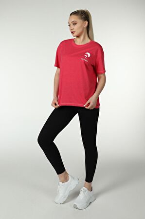 defy's KADIN ÖN VE SIRT BASKILI KISA KOLLU BİSİKLET YAKA OVERSIZE TİŞÖRT FUŞYA - L