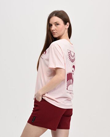 defy's KADIN ÖN VE SIRT BASKILI KISA KOLLU BİSİKLET YAKA OVERSIZE TİŞÖRT PEMBE - L