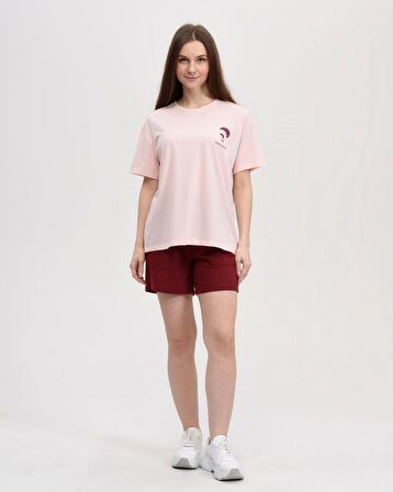defy's KADIN ÖN VE SIRT BASKILI KISA KOLLU BİSİKLET YAKA OVERSIZE TİŞÖRT PEMBE - L