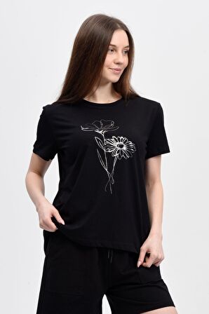 defy's KADIN ARKASI UZUN RAHAT KALIP BASKILI KISA KOLLU BİSİKLET YAKA TİŞÖRT SİYAH - XL