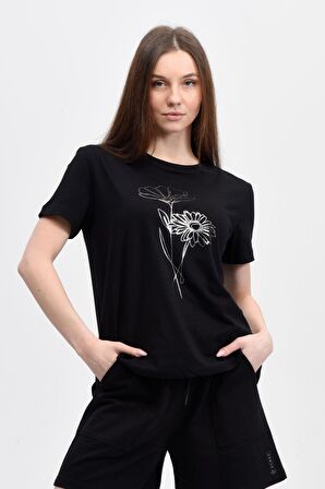 defy's KADIN ARKASI UZUN RAHAT KALIP BASKILI KISA KOLLU BİSİKLET YAKA TİŞÖRT SİYAH - XL