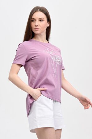 defy's KADIN ARKASI UZUN RAHAT KALIP BASKILI KISA KOLLU BİSİKLET YAKA TİŞÖRT MOR - XS