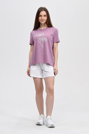 defy's KADIN ARKASI UZUN RAHAT KALIP BASKILI KISA KOLLU BİSİKLET YAKA TİŞÖRT MOR - XXL