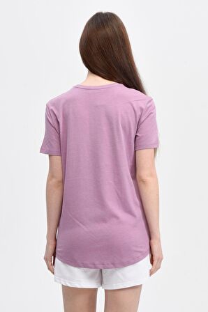 defy's KADIN ARKASI UZUN RAHAT KALIP BASKILI KISA KOLLU BİSİKLET YAKA TİŞÖRT MOR - XXL