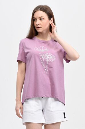 defy's KADIN ARKASI UZUN RAHAT KALIP BASKILI KISA KOLLU BİSİKLET YAKA TİŞÖRT MOR - XXL