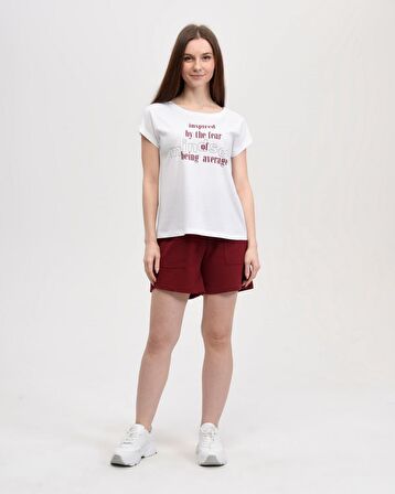 defy's KADIN ARKA DİKİŞ DETAYLI BASKILI KISA KOLLU BİSİKLET YAKA TİŞÖRT BEYAZ - S