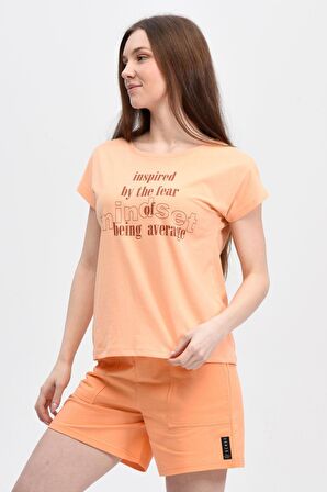 defy's KADIN ARKA DİKİŞ DETAYLI BASKILI KISA KOLLU BİSİKLET YAKA TİŞÖRT SOMON - XXL