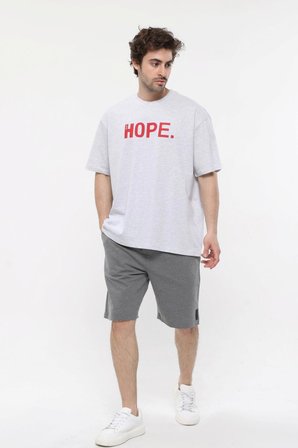 defy's ERKEK KISA KOLLU BASKILI OVERSIZE KALIP BİSİKLET YAKA TİŞÖRT KAR MELANJ - XS