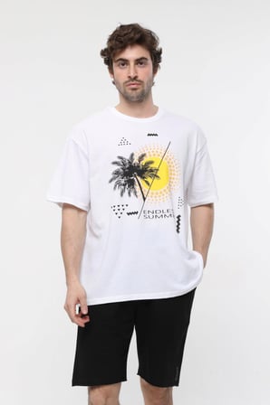 defy's ERKEK KISA KOLLU BASKILI OVERSIZE KALIP BİSİKLET YAKA TİŞÖRT KAR MELANJ - XS
