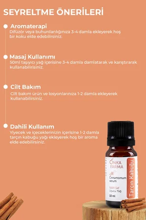 onka farma tarçın kabuğu yağı -  ve doğal katkısız uçucu yağ - 10 ml