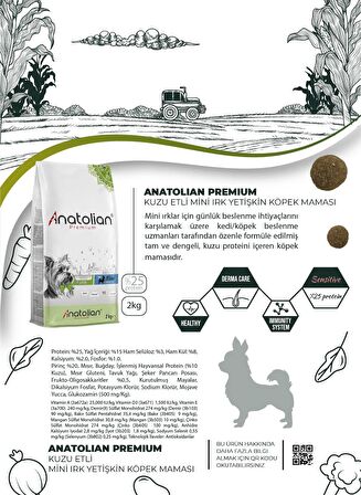 Anatolian Premium Mini Adult Lamb Kuzulu Yetişkin Küçük Irk Köpek Maması 2 Kg  