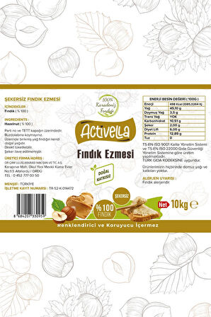 Activella Şekersiz Fındık Ezmesi 10kg %100 Fındıklı