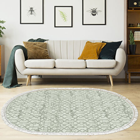 Dekoreko Kaymaz Taban Djt Salon Halısı Trend Saçaklı Oval Modern 757