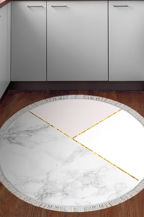Kaymaz Dijital Mutfak & Salon Halı Trend Saçaklı Yuvarlak Geometrik E5008