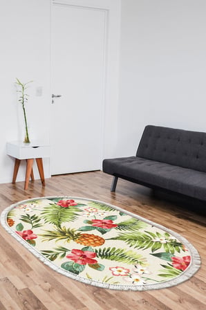 Dijital Baskılı Oval Salon Halısı | Kaymaz Yıkanabilir | Keçe Taban Saçaklı | Çiçekli | S5025