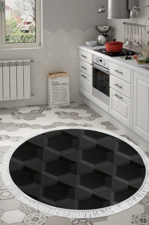 Kaymaz Dijital Mutfak & Salon Halı Trend Saçaklı Yuvarlak Geometrik E5016
