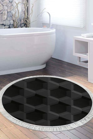 Kaymaz Dijital Mutfak & Salon Halı Trend Saçaklı Yuvarlak Geometrik E5016