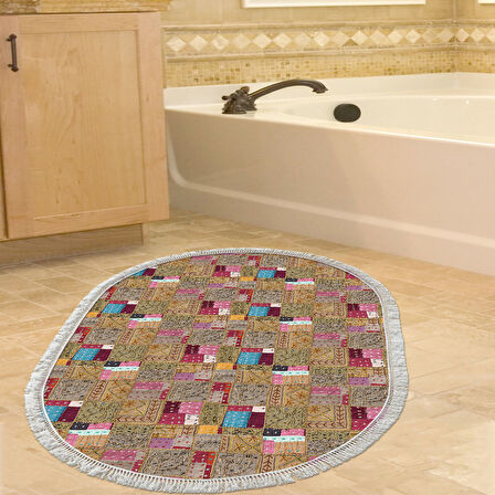 Dekoreko Kaymaz Taban Djt Banyo Halısı Yıldız Deri Saçaklı Oval Modern 2155M