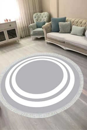 Dijital Baskılı Yuvarlak Salon Halısı | Kaymaz Yıkanabilir | Keçe Taban Saçaklı | Geometrik | 1696