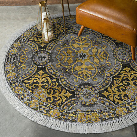 Dekoreko Kaymaz Taban Djt Salon Halısı Yıldız Deri Saçaklı Yuvarlak Modern 659M