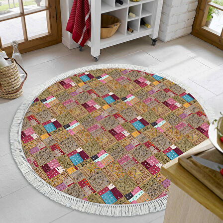 Dekoreko Kaymaz Taban Djt Mutfak Halısı Star Pamuk Saçaklı Yuvarlak Modern 2155M