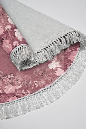 Dijital Baskılı Yuvarlak Salon Halısı | Kaymaz Yıkanabilir | Keçe Taban Saçaklı | Çiçekli | P1388