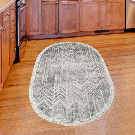 Dekoreko Kaymaz Taban Djt Mutfak Halısı Yıldız Deri Saçaklı Oval İskandinav F5083