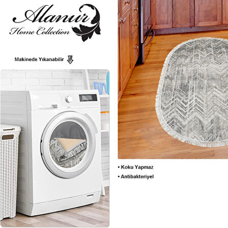 Dekoreko Kaymaz Taban Djt Mutfak Halısı Yıldız Deri Saçaklı Oval İskandinav F5083