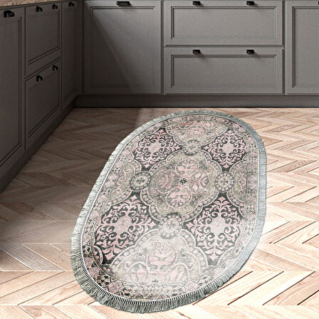 Dekoreko Kaymaz Taban Djt Mutfak Halısı Yıldız Deri Saçaklı Oval Modern 659M