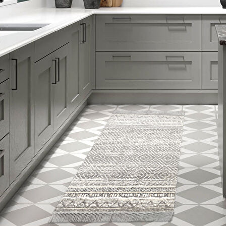 Dekoreko Kaymaz Taban Djt Mutfak Halısı Yıldız Deri Saçaklı İskandinav F5087