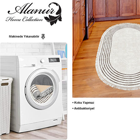 Dekoreko Kaymaz Taban Djt Mutfak Halısı Yıldız Deri Saçaklı Oval Modern M5142