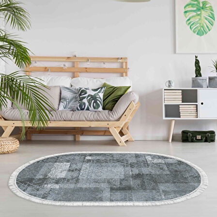 Dekoreko Kaymaz Taban Djt Salon Halısı Yıldız Deri Saçaklı Oval İskandinav F5132