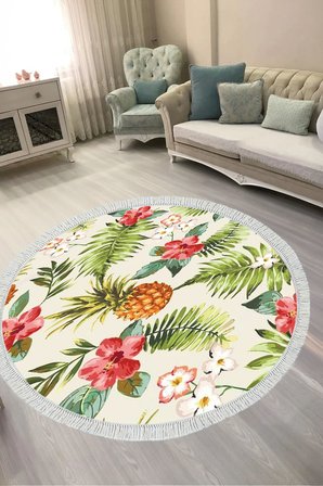 Dijital Baskılı Yuvarlak Salon Halısı | Kaymaz Yıkanabilir | Keçe Taban Saçaklı | Çiçekli | S5025