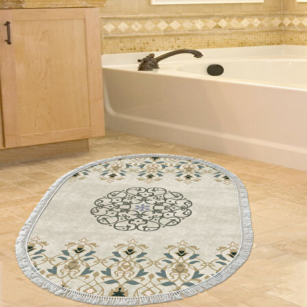 Dekoreko Kaymaz Taban Djt Banyo Halısı Trend Saçaklı Oval Modern 1491