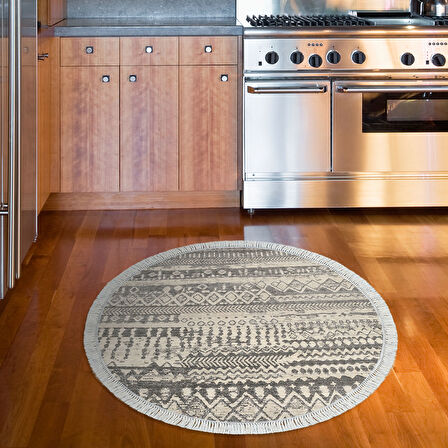 Dekoreko Kaymaz Taban Djt Mutfak Halısı Yıldız Deri Saçaklı Yuvarlak İskandinav F5080