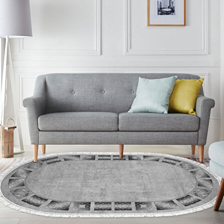 Dekoreko Kaymaz Taban Djt Salon Halısı Trend Saçaklı Oval Modern 691M