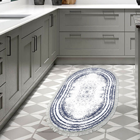 Dekoreko Kaymaz Taban Djt Mutfak Halısı Yıldız Deri Saçaklı Oval Modern M5132