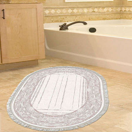 Dekoreko Kaymaz Taban Djt Banyo Halısı Star Pamuk Saçaklı Oval Modern M5076