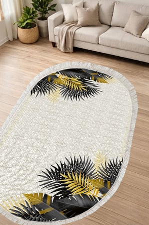 Dijital Baskılı Oval Salon Halısı | Kaymaz Yıkanabilir | Deri Taban Saçaklı | Çiçekli | F5125