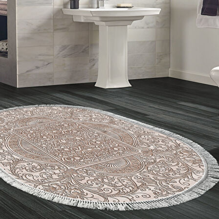 Dekoreko Kaymaz Taban Djt Banyo Halısı Star Pamuk Saçaklı Oval Modern 1488