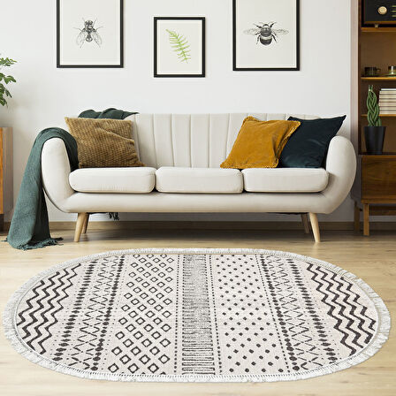 Dekoreko Kaymaz Taban Djt Salon Halısı Yıldız Deri Saçaklı Oval İskandinav F5086