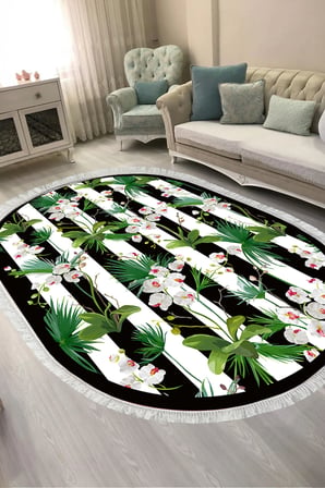 Dijital Baskılı Oval Salon Halısı | Kaymaz Yıkanabilir | Keçe Taban Saçaklı | Çiçekli | MU692