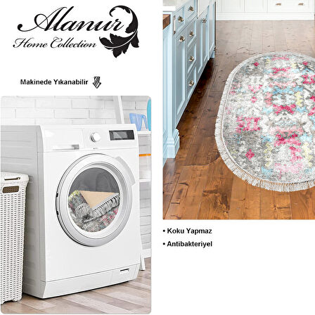 Dekoreko Kaymaz Taban Djt Mutfak Halısı Yıldız Deri Saçaklı Oval Modern F5138