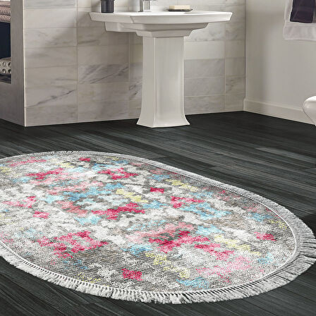Dekoreko Kaymaz Taban Djt Banyo Halısı Yıldız Deri Saçaklı Oval Modern F5138