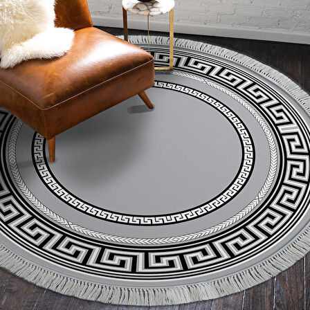 Dekoreko Kaymaz Taban Djt Salon Halısı Star Pamuk Saçaklı Yuvarlak Modern 651M