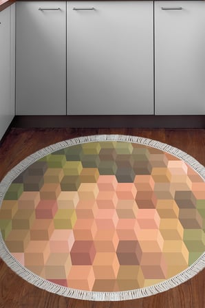 Kaymaz Dijital Mutfak & Salon Halı Trend Saçaklı Yuvarlak Geometrik E5014
